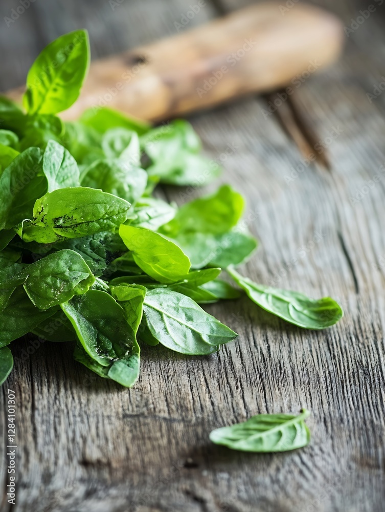 Poster fresh vibrant green basil leaves arranged on rustic wooden surface suitable for culinary uses : gene
