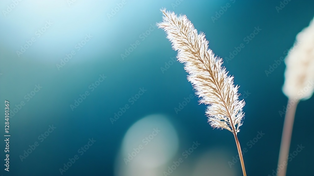 Poster delicate grass blowing gently in the breeze against a soft blue background : generative ai
