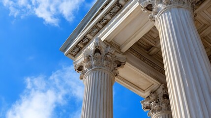 Low angle view of classical architecture featuring ornate columns against a blue sky with clouds : Generative AI