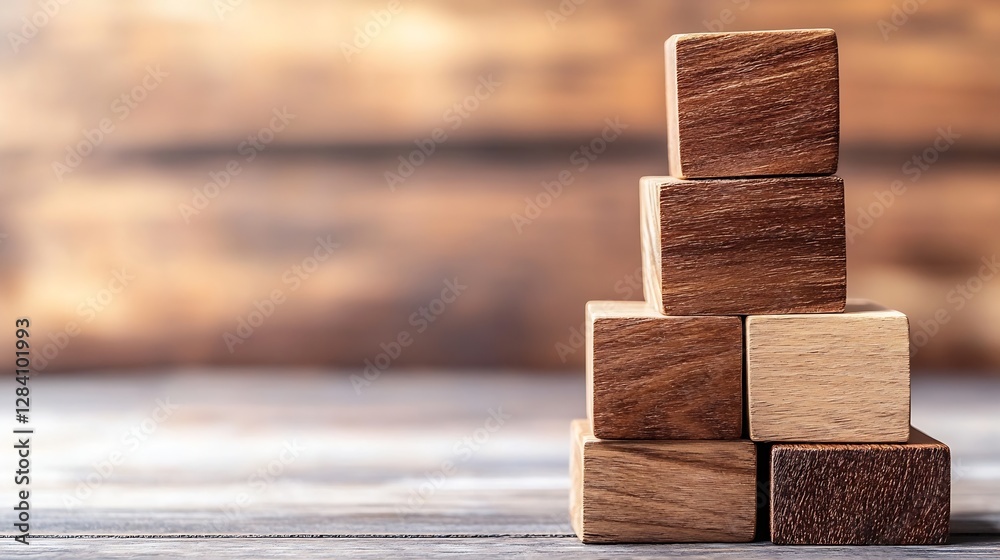 Aufkleber Wooden Building Blocks Stacked Neatly on a Rustic Wooden Surface : Generative AI