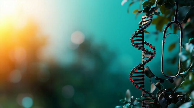 A futuristic World Health Day poster with a gradient blue and green background. The edges have a subtle holographic effect with medical symbols like a DNA strand, stethoscope, and medical cross - Powered by Adobe
