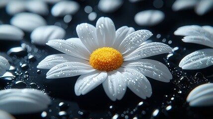 Fototapeta premium Close-up view of dewy white daisy flower on black background nature photography freshness and beauty