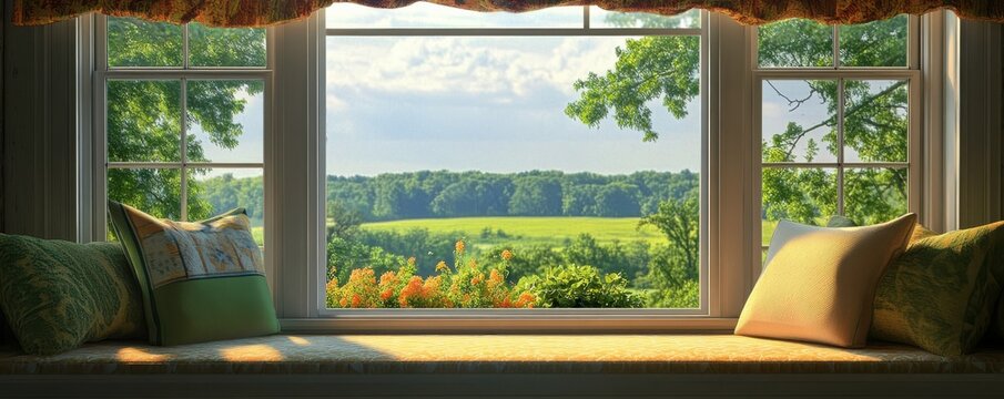Fototapeta Sunlit window seat with scenic garden view and plush cushions