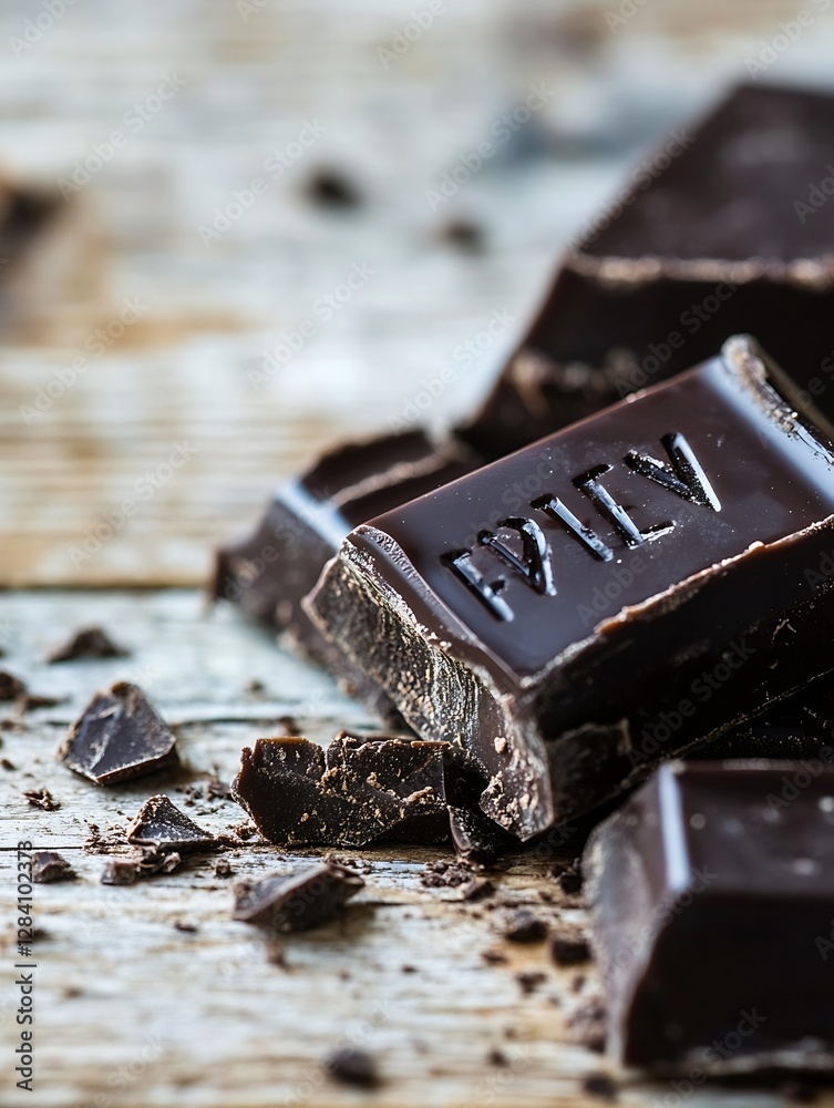 Aufkleber rich dark chocolate pieces scattered on wooden surface with a rustic appeal and rich texture : gener