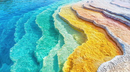 Obraz premium Explore the vibrant limestone pools of Huanglong, China, showcasing surreal blue-green hues and mineral-rich terraces that reflect nature’s beauty