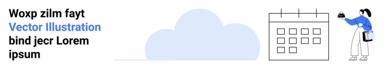 Woman interacting with a calendar, marking dates. Cloud element signifies data storage or scheduling. Ideal for organization, productivity, scheduling, planning, technology, digital tools flat