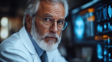 Serious senior male doctor in lab coat looking at camera, medical technology screens in background.