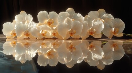 Delicate white orchids displayed on a reflective surface indoor floral arrangement natural beauty close-up view