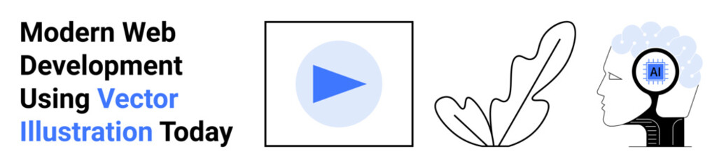 Play button, abstract leaf, human head with brain focus symbolize media, technology, creativity, and innovation. Ideal for technology, learning, multimedia brainstorming web design and tech