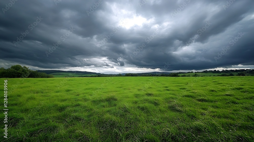 Poster Expansive green field under a dramatic sky filled with dark clouds signaling a changing weather pattern : Generative AI