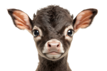 A close-up shot of a baby calf with large, expressive brown eyes and a soft, velvety nose, its small, rounded ears catching the light, exuding cuteness.