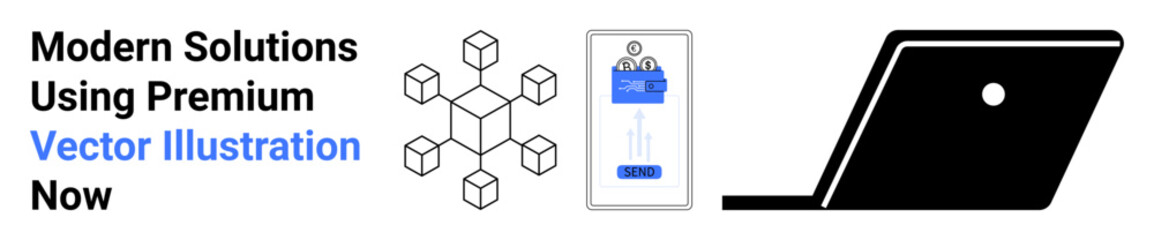 Blockchain cubes, smartphone showing mobile payment, and a laptop metaphorize digital commerce, decentralized networks, and innovation. Ideal for fintech, technology, crypto, payments innovation