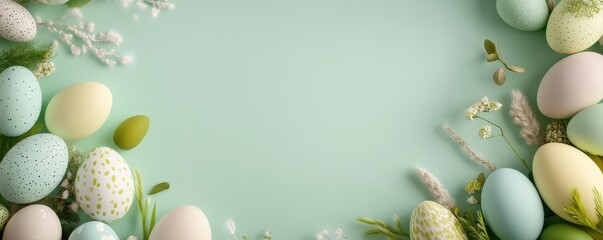 Beautiful pastel Easter eggs with spring foliage on mint green background