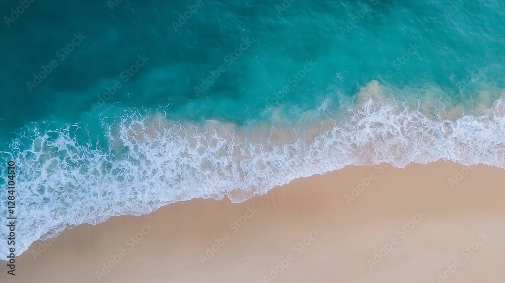 Aufkleber Aerial view of pristine turquoise waves gently lapping against a serene sandy beach during bright daylight : Generative AI