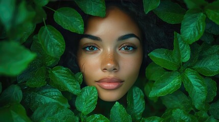Dynamic Eco-Conscious Woman with Flowing Green Leaves