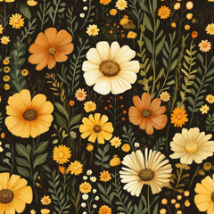 Floral pattern, vintage flowers, dark background, seamless repeat, design . seamless pattern. repeating pattern.