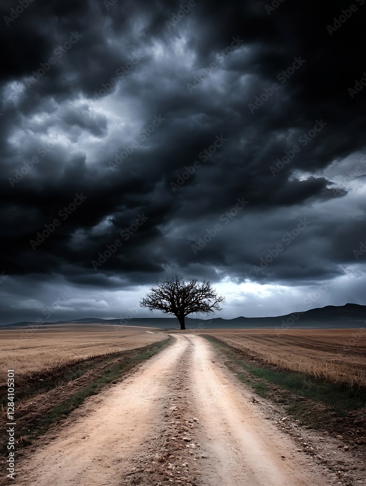 Poster Lonely Tree Standing on a Pathway Under Dark Clouds Before a Storm : Generative AI