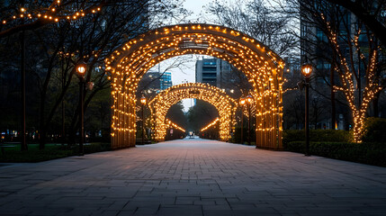 Obraz premium Illuminated Archway Pathway with String Lights in a City Park at Twilight