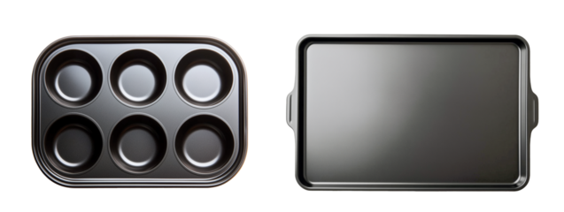 A muffin pan and a cookie sheet on a transparent background