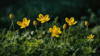 Obraz premium Yellow flowers of celandine on dark green blurred grass backgroun