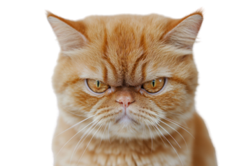 A close-up shot of an orange cat with a furrowed brow, its eyes narrowed in curiosity, while its body is slightly tensed, creating a sense of suspicion.