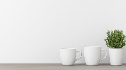 Simple white mugs and plant on a table