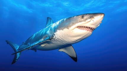 Fototapeta premium Great white shark in the deep blue ocean, powerful predator, marine wildlife, underwater shot