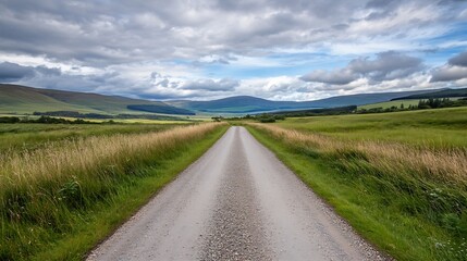 Fototapeta premium Scenic view of a long dirt road stretching through lush green fields and rolling hills : Generative AI