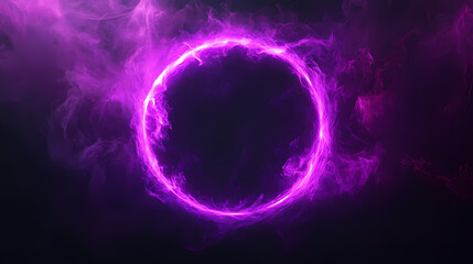 A glowing purple circular cosmic portal surrounded by ethereal smoke against a dark background. Dark Portal Between Dimensions. Illustration