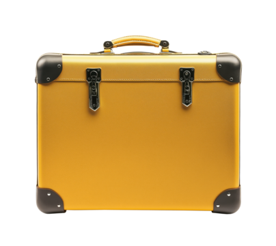 Closed yellow suitcase with leather handle on transparent background