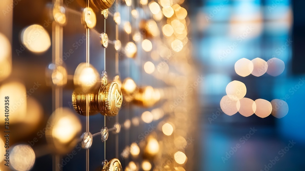 Poster Intricate closeup of golden decorative pieces shimmering in soft light creating a mesmerizing bokeh effect : Generative AI
