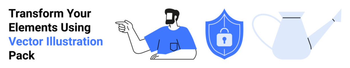 Man gestures, shield with padlock emphasizes security, watering can symbolizes nurturing. Ideal for guidance, cybersecurity, growth, education, teamwork, e-learning flat landing page banner