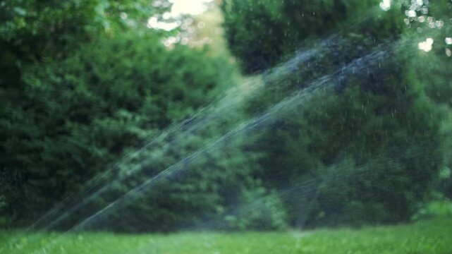 Water sprinklers watering plants in the park