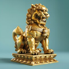 Fototapeta premium A Chinese statue of a guardian lion and golden foo dog set against a vibrant backdrop, Generative AI.