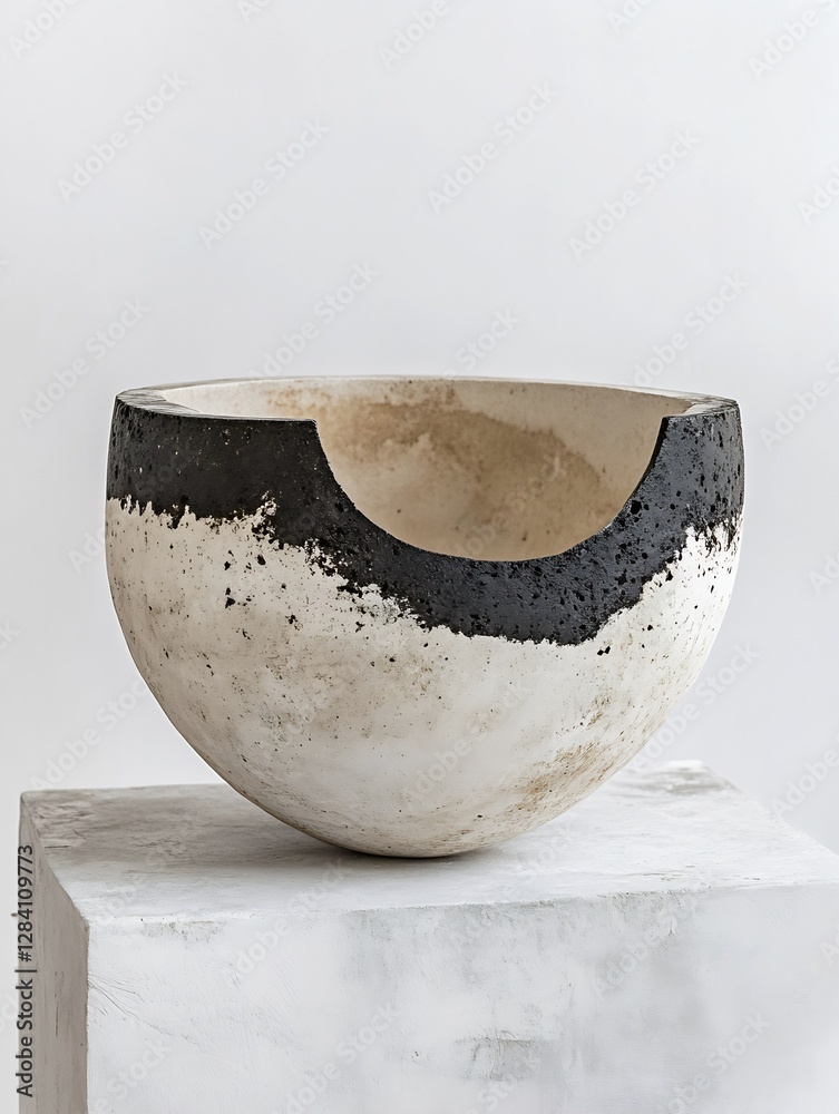 Poster Artistic ceramic bowl with an edgy black and white design displayed against a light textured background : Generative AI