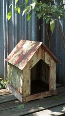 Obraz premium An old wooden dog house with a damaged roof. Wooden dog house on a wooden deck in a rustic and abandoned aesthetic.