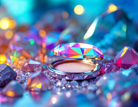 Dimanond shpaes compact powder on the background of crystals and bokeh. Dazzling Diamond Makeup