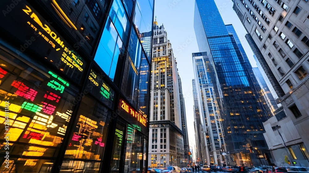Aufkleber dynamic urban skyline at dusk with illuminated buildings and bustling street lights : generative ai