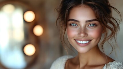 Obraz premium Beautiful smiling girl showing perfect white teeth and glowing skin
