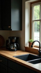 Fototapeta premium Wooden counter top with a coffee maker and toaster in a rustic black kitchen by the lake, natural ambiance, country living, warm lighting