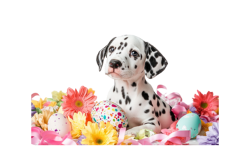 A cute Dalmatian puppy with an Easter egg placed next to it, surrounded by colorful spring flowers and pastel-colored ribbons. The puppy is playfully looking up