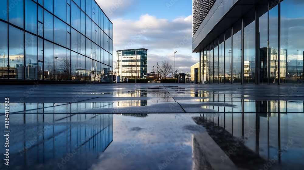 Poster modern urban landscape with reflective glass buildings and dynamic architecture capturing the essenc