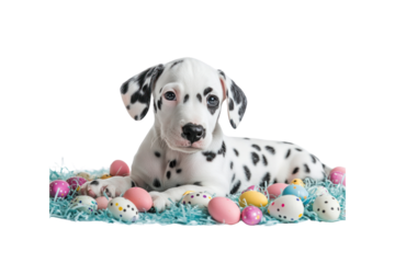 A Dalmatian puppy lying on a bed of soft pastel Easter grass, with tiny Easter eggs scattered around. The puppy has a playful pose