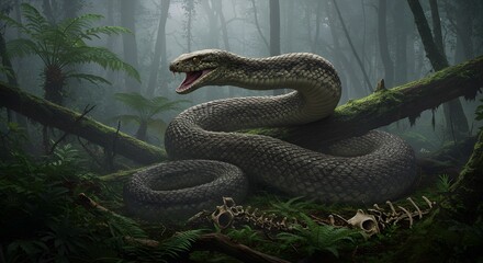 Obraz premium Titanoboa Giant Snake in Prehistoric Jungle