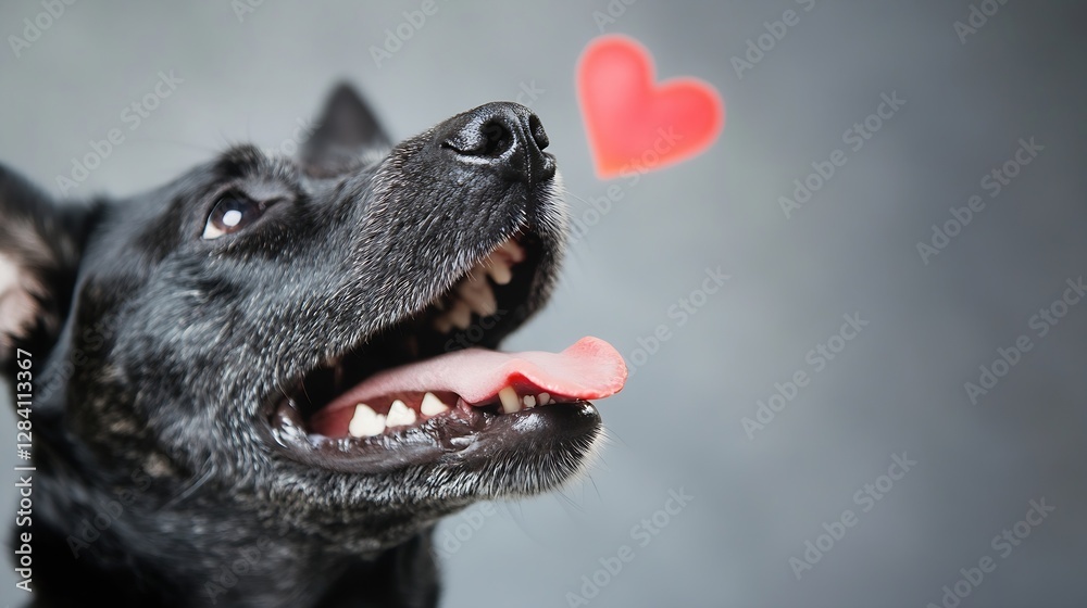 Aufkleber happy black dog with a playful expression and a heart icon depicting love and joy : generative ai