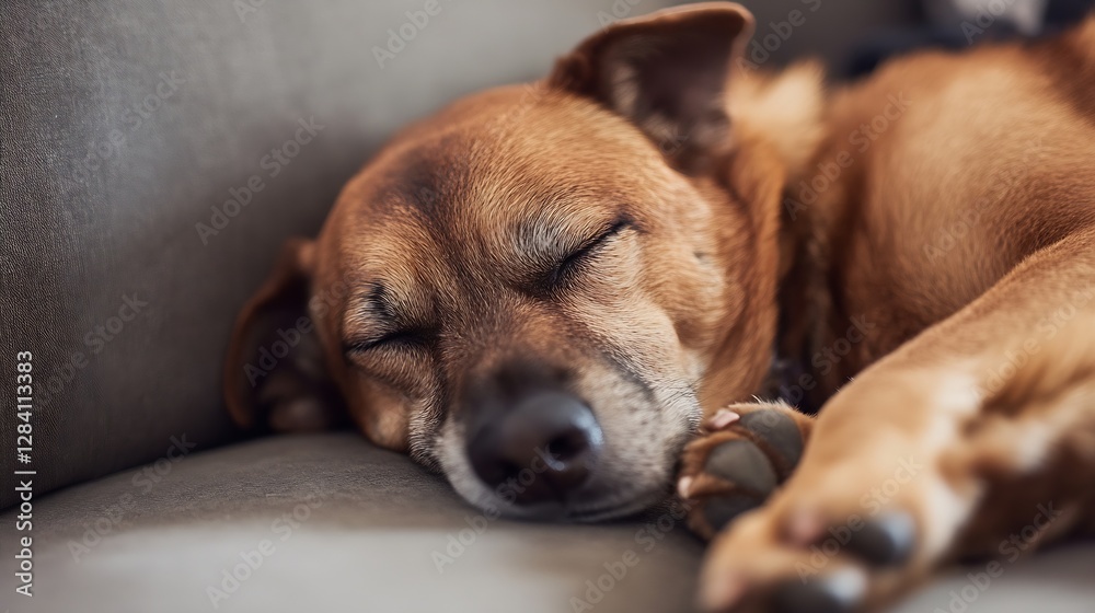Poster charming sleeping dog curled up on a cozy sofa with a peaceful expression and soft fur : generative 