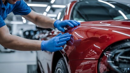 Person in blue gloves applies car protection film on red car fender. Pro auto service shown. Close up view of skilled mechanic working on automobile. Modern auto maintenance in progress. High quality