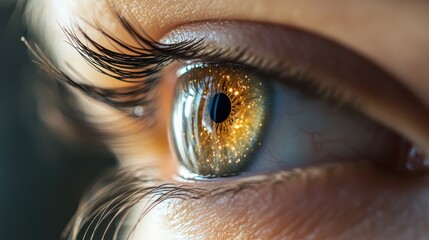 Close-up of human eye with glowing reflection capturing detail