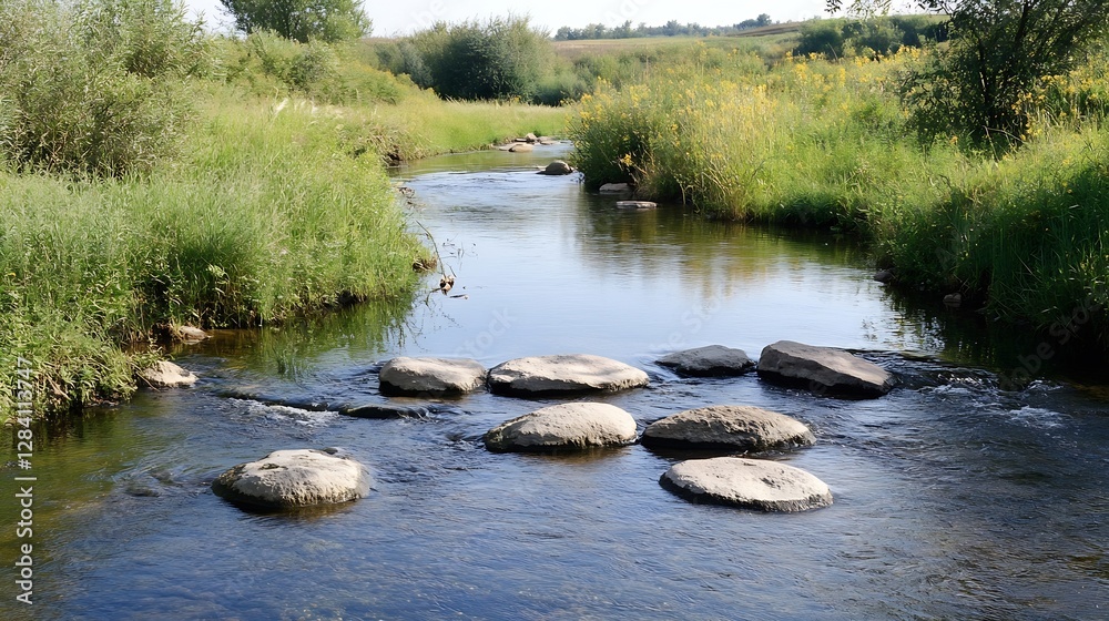 Aufkleber tranquil stream flowing over smooth stones surrounded by green grass and wildflowers in a serene lan