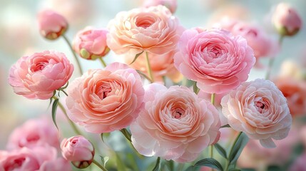Obraz premium Captivating floral arrangement of pink ranunculus flowers nature close-up photography serene environment soft focus